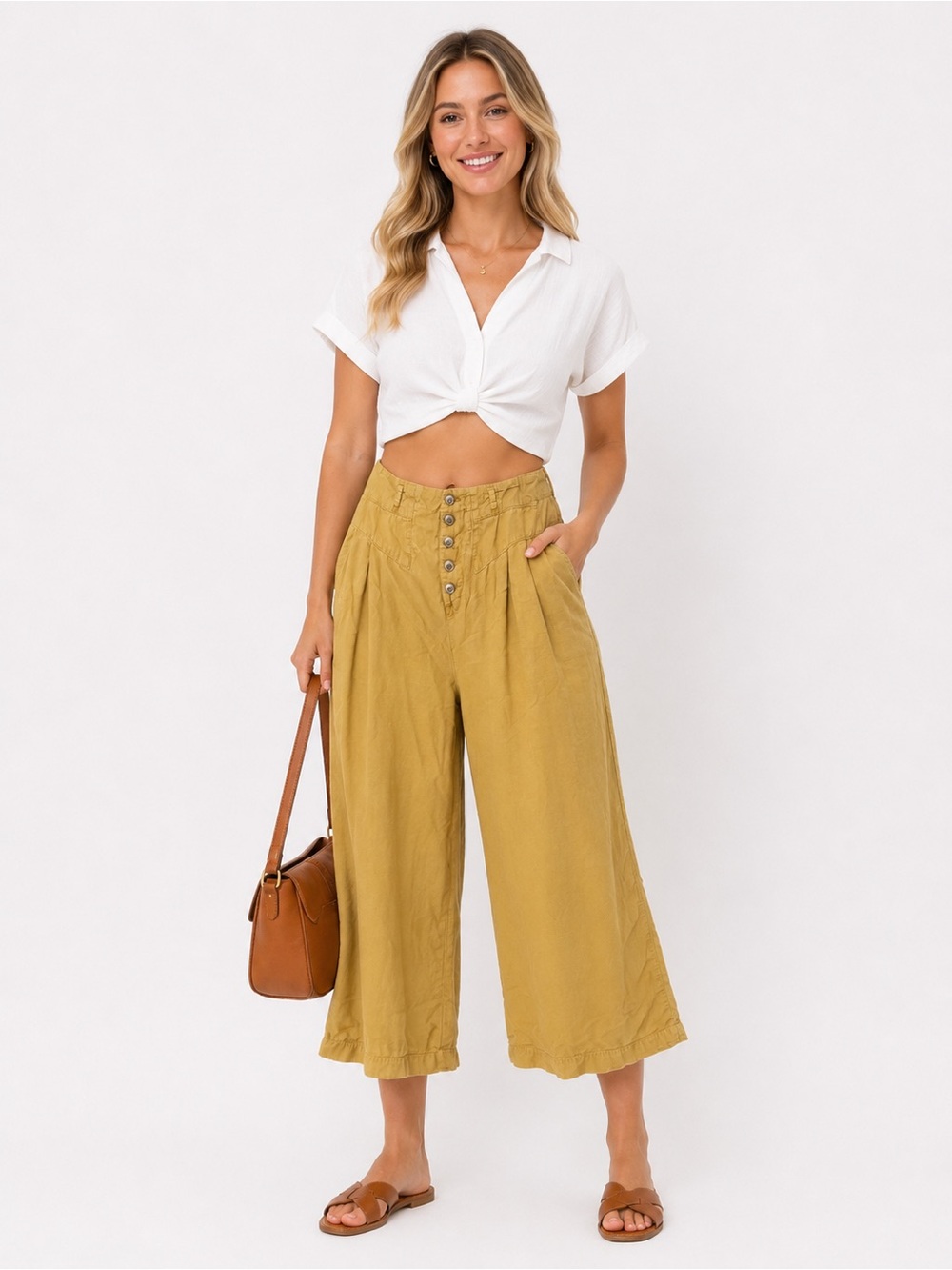 Anthropologie Mustard High Rise Cropped Wide Leg Button Front Pants Size S